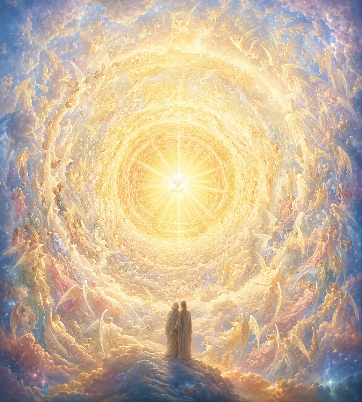 Two pilgrims gaze into the Empyrean — concentric rings of angels spiralling toward a blazing central light
