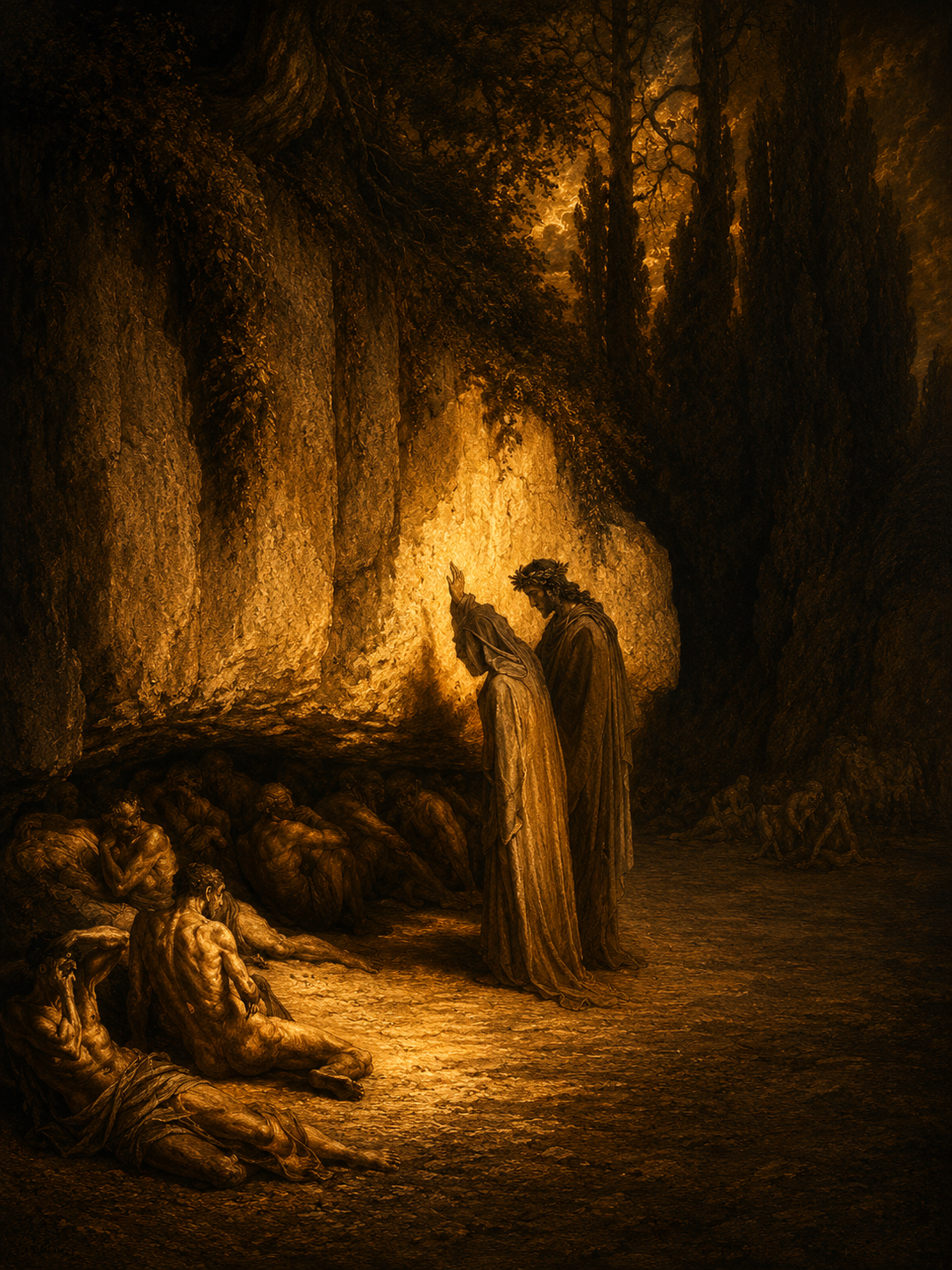 Two robed pilgrims standing among souls resting on the terraces of the mountain of Purgatory