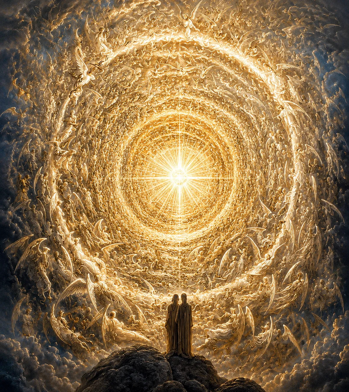 A radiant host of angels amid golden light and cloud, gathered in adoration before the throne of God