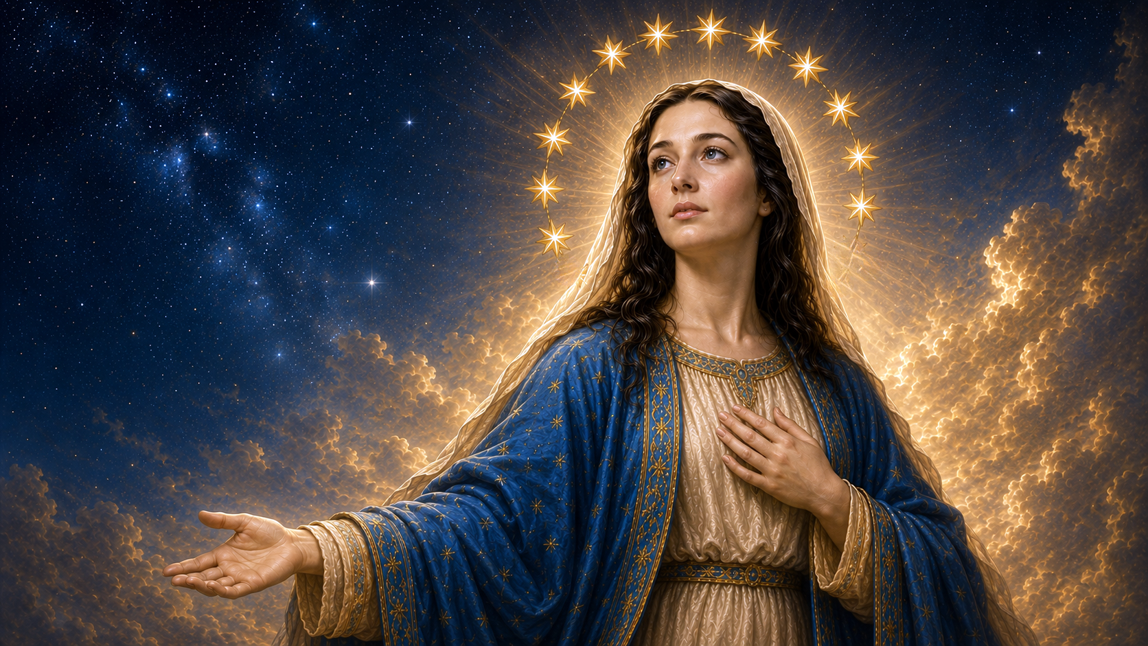The Woman crowned with twelve stars, robed in blue and gold against a starry heaven