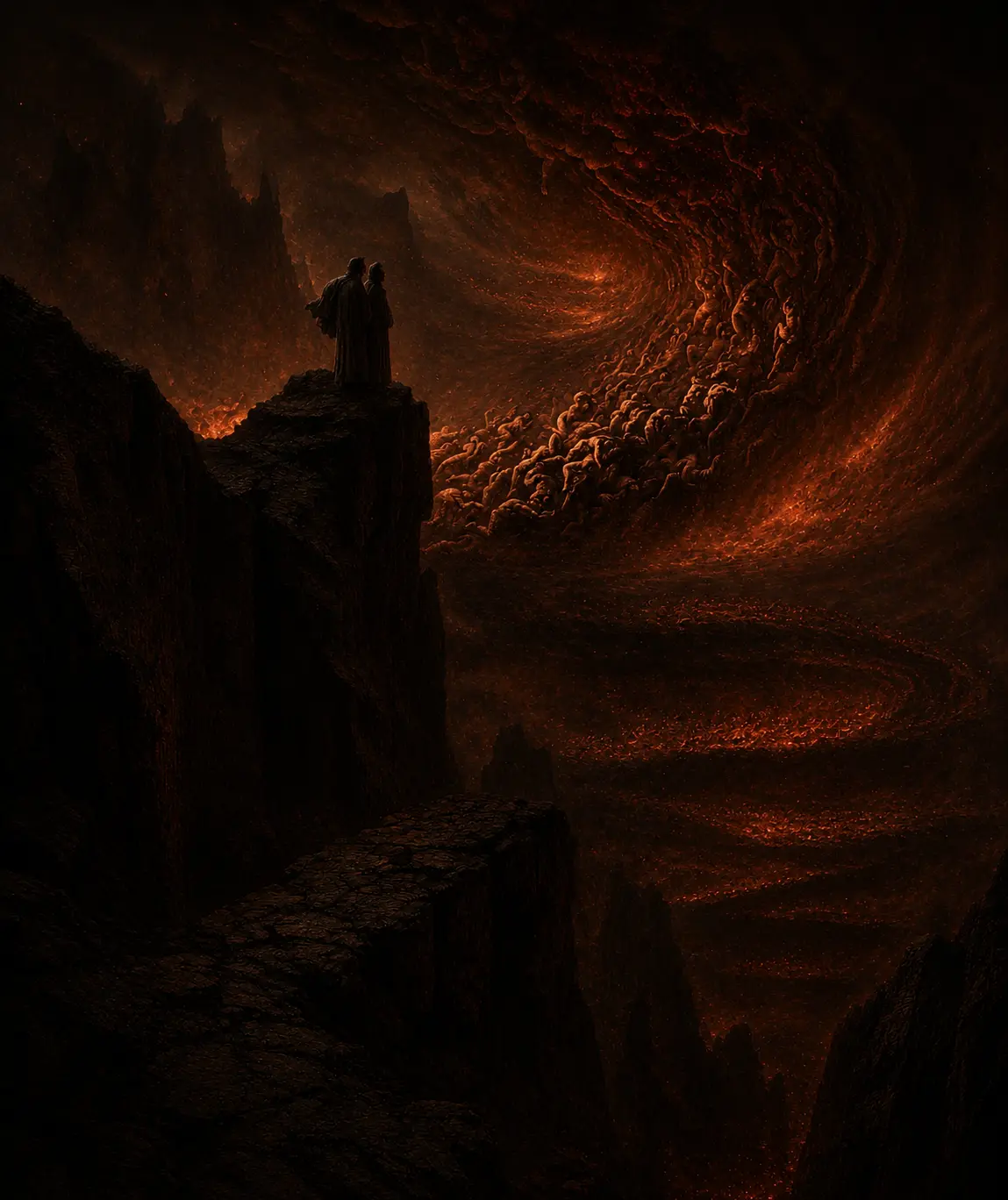 Two figures stand on a precipice overlooking a vast spiralling vortex of fire descending into the abyss