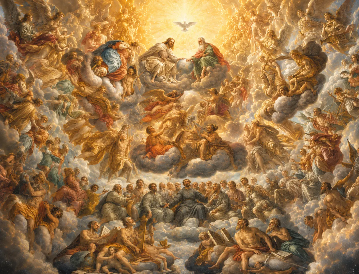 The heavenly court in glory — saints, angels, and the Holy Trinity enthroned amid swirling golden clouds and radiant light