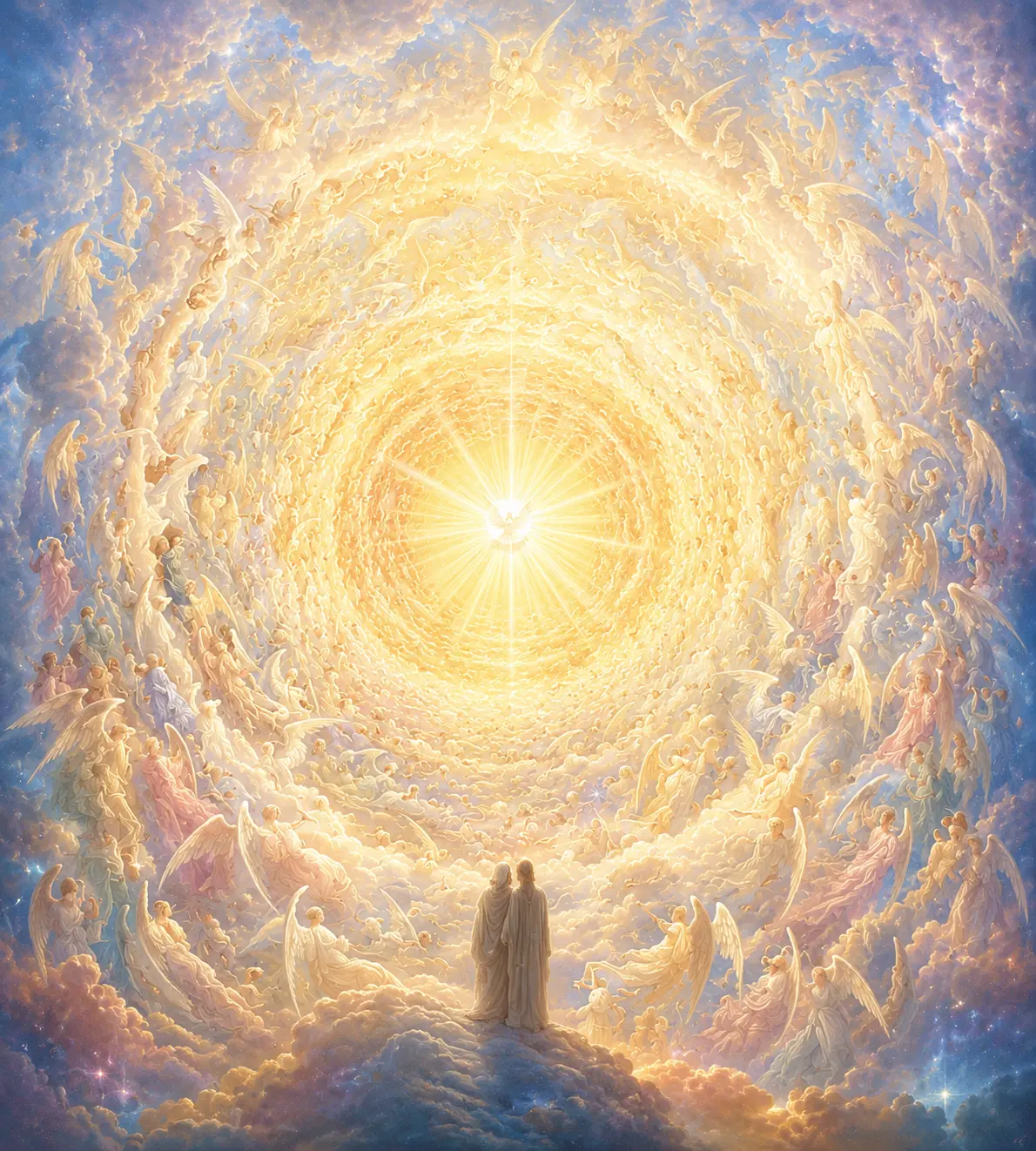 Two pilgrims gaze into the Empyrean — concentric rings of angels spiralling toward a blazing central light