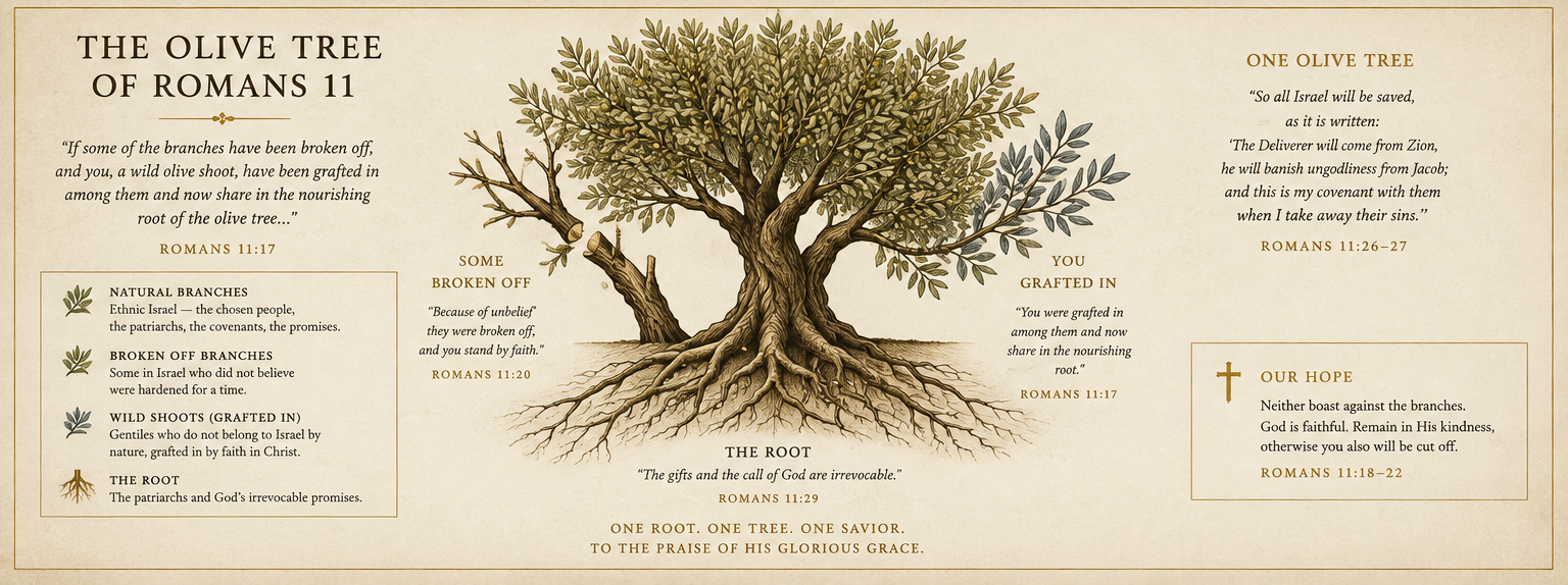 The Olive Tree of Romans 11, showing the patriarchal root, natural branches, broken branches, and the grafted wild branch.